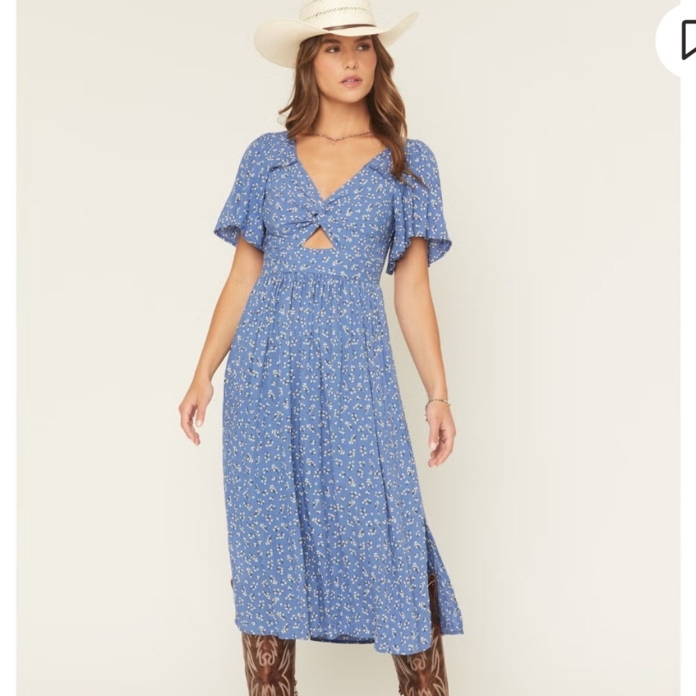 Angie Floral Midi Dress Light Blue White Size Small